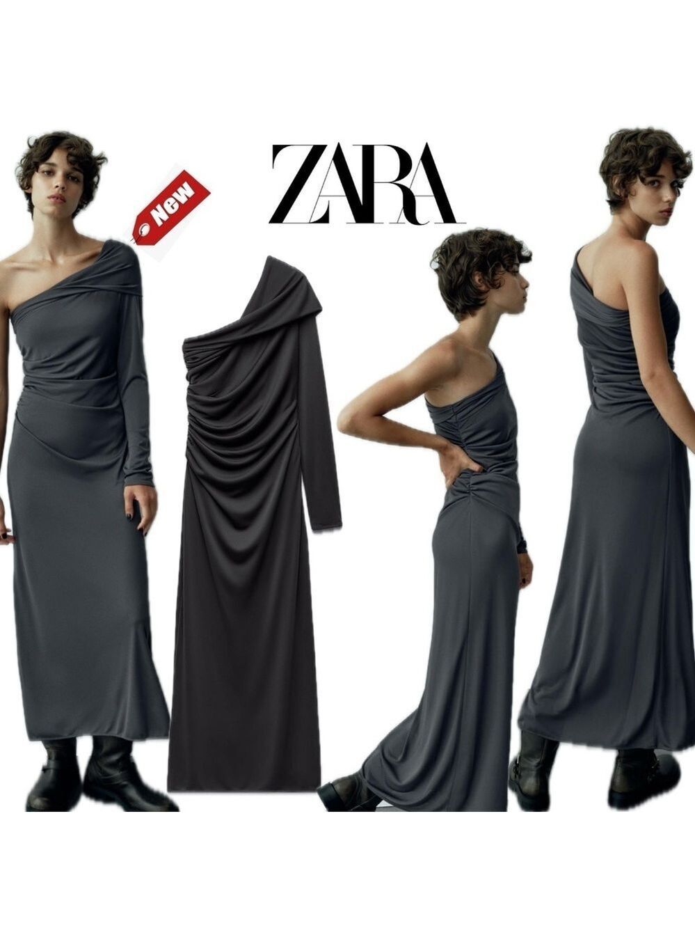 Zara gray asymmetrical one shoulder draped ruched bodycon midi dress Sz M NWT